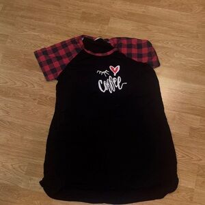 Black Pajama nightgown Tee with Red Plaid Sleeves and 'Coffee' Graphic